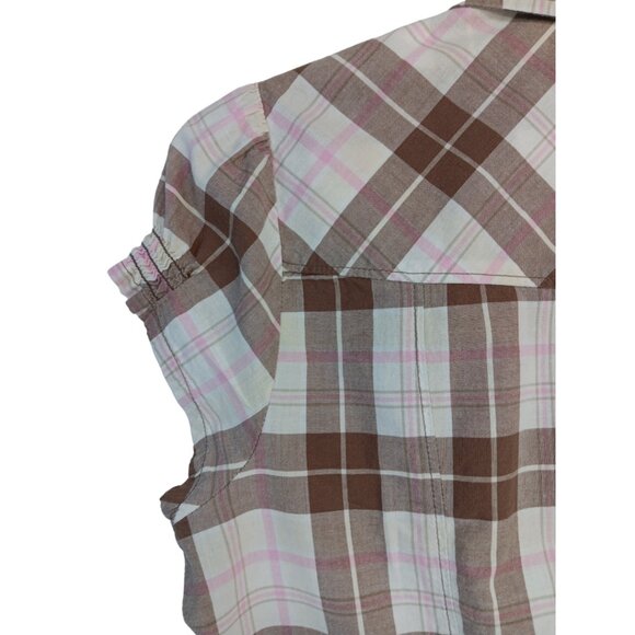 SO Women's Plaid Short Sleeve-Button down Shirt- MEDIUM -Brown-White-Pink - Picture 9 of 16